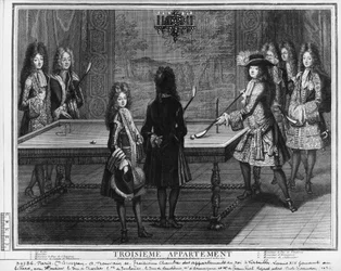 Luis XIV jugando al billar con su hermano, Monsieur, su sobrino el duque de Chartres, su hijo, el Conde de Toulouse y otros parientes y cortesanos, el duque de Vendôme, Monsieur d